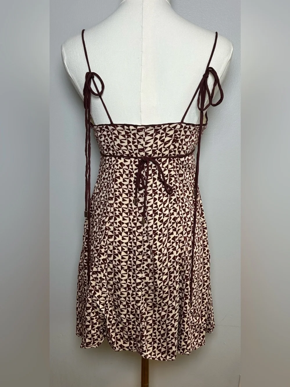 Free People Kai print Tie strap Mini Dress xs brown cream cowl neck boho dress
